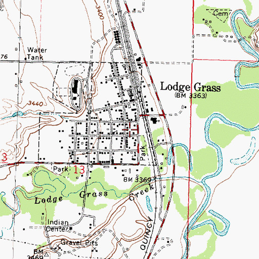 Topographic Map of Lodge Grass Post Office, MT