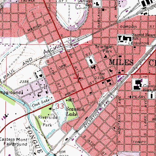 Topographic Map of Miles City Post Office, MT