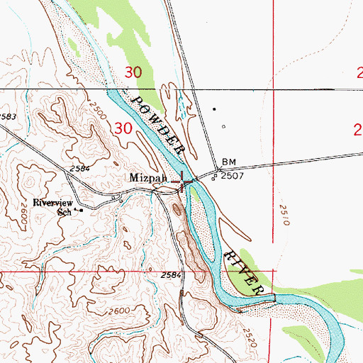 Topographic Map of Powder River Bridge, MT