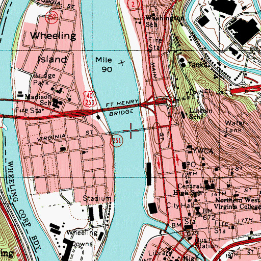 Topographic Map of Wheeling Suspension Bridge, WV
