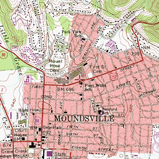 Topographic Map of Moundsville Volunteer Fire Department, WV