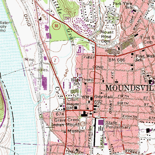 Topographic Map of Moundsville Middle School, WV