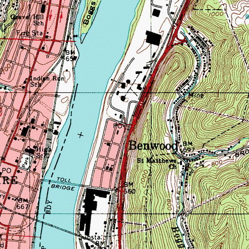 Topographic Map of Benwood Post Office, WV