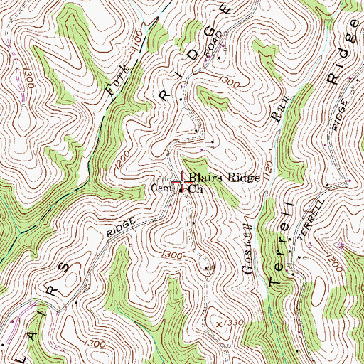 Topographic Map of Blairs Ridge Cemetery, WV