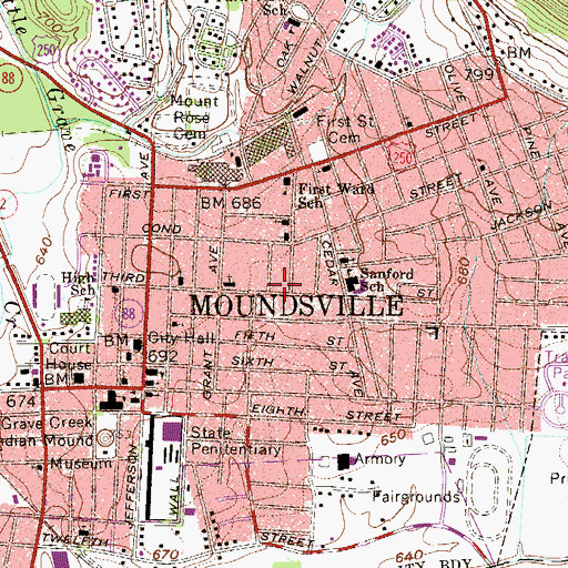 Topographic Map of Moundsville City Church of Christ, WV