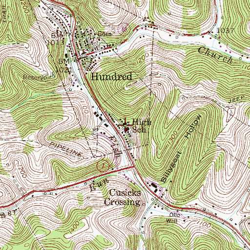 Topographic Map of Hundred High School, WV