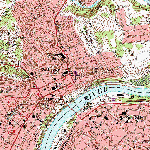 Topographic Map of Fairmont Fire Department Station 1 Central, WV