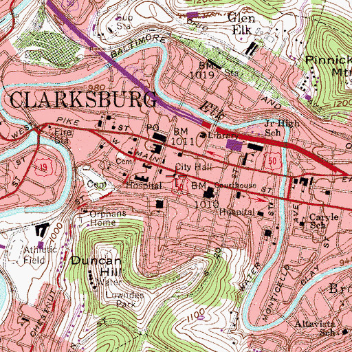 Topographic Map of Clarksburg City Hall, WV