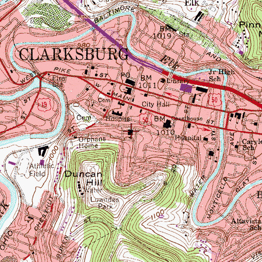 Topographic Map of Washington Irving High School (historical), WV
