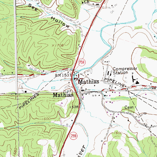 Topographic Map of Mathias Post Office, WV