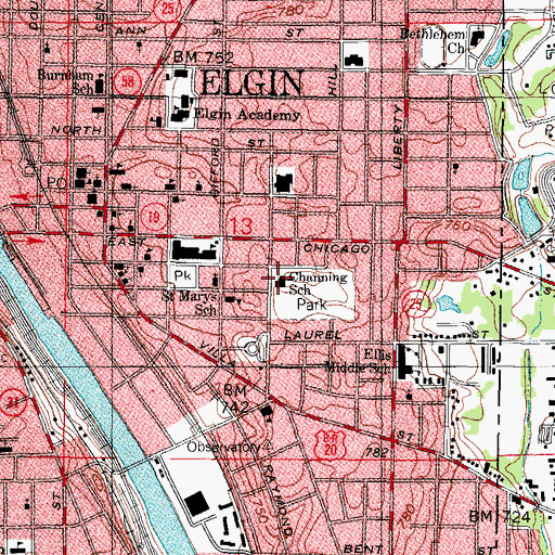 Topographic Map of Channing Memorial Elementary School, IL