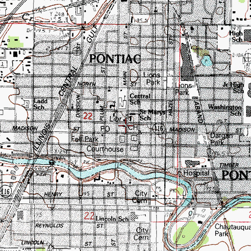 Topographic Map of Pontiac City Hall, IL