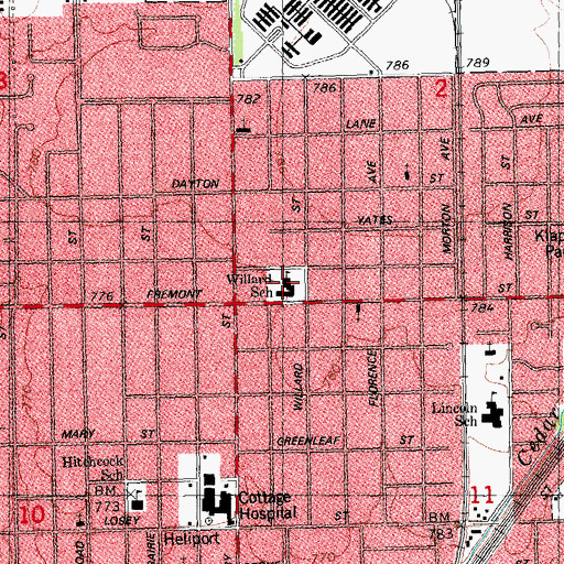 Topographic Map of Silas Willard Elementary School, IL