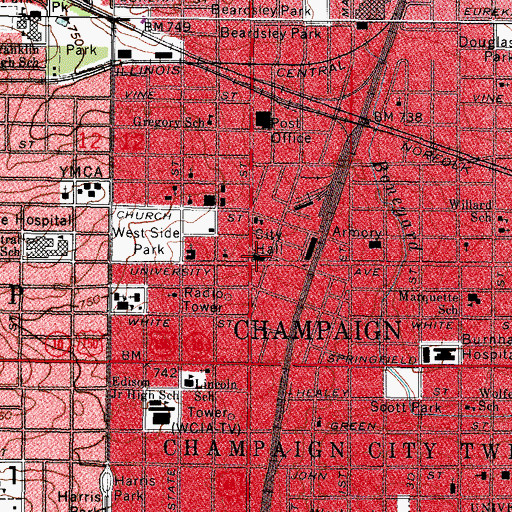 Topographic Map of Champaign City Hall, IL