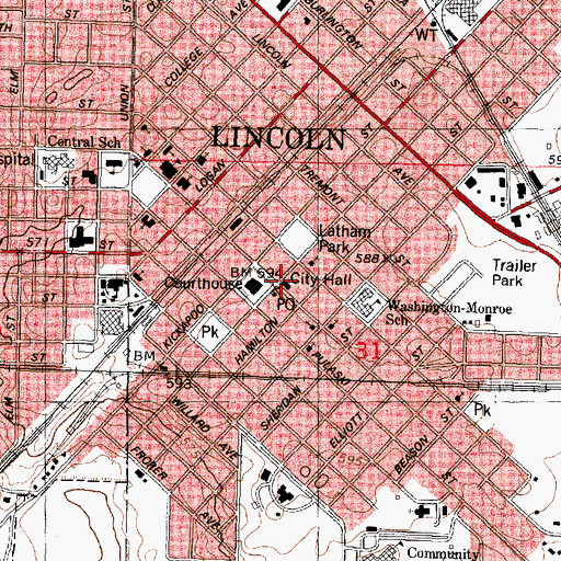 Topographic Map of Lincoln City Hall, IL
