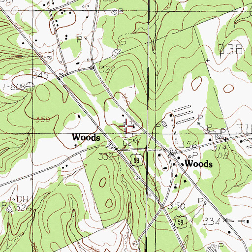 Topographic Map of Woods Cemetery, TX