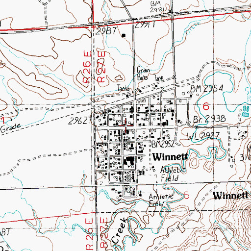 Topographic Map of Winnett Post Office, MT
