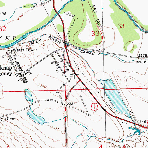 Topographic Map of Fort Belknap Reservation Historical Marker, MT