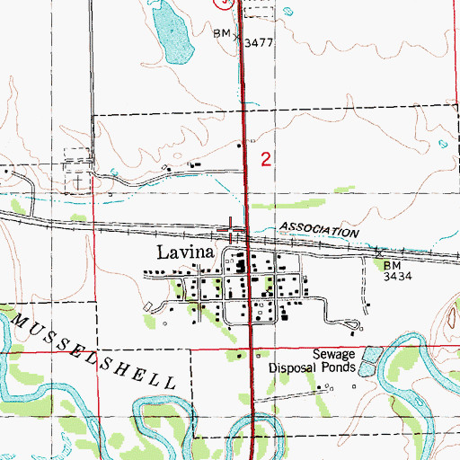 Topographic Map of Lavina (historical), MT