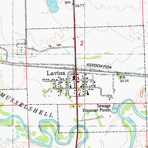 Topographic Map of Lavina Post Office, MT