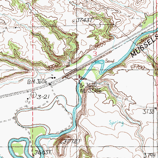 Topographic Map of Musselshell River Bridge, MT