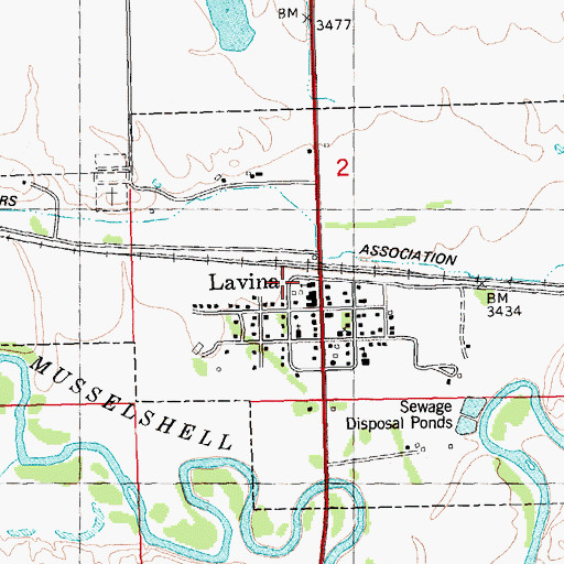 Topographic Map of Lavina Volunteer Fire Department and Emergency Medical Services, MT