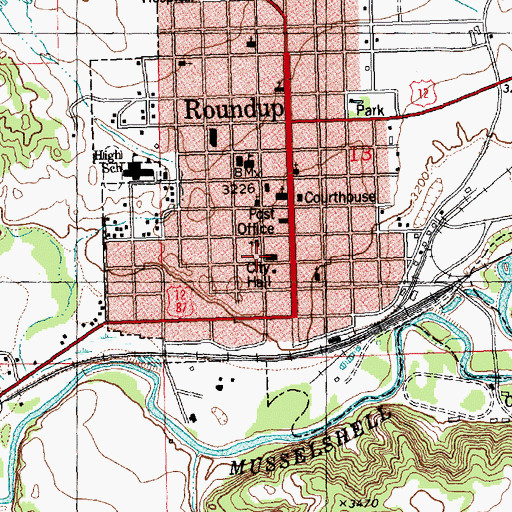 Topographic Map of Roundup Volunteer Fire Department, MT