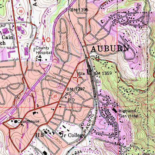 Topographic Map of Downtown Auburn Post Office, CA