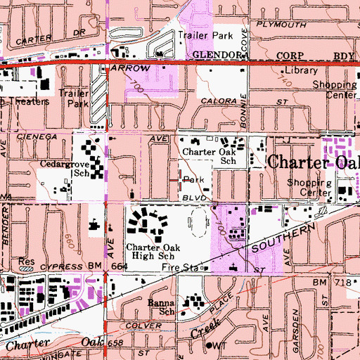 Topographic Map of Charter Oak Park, CA