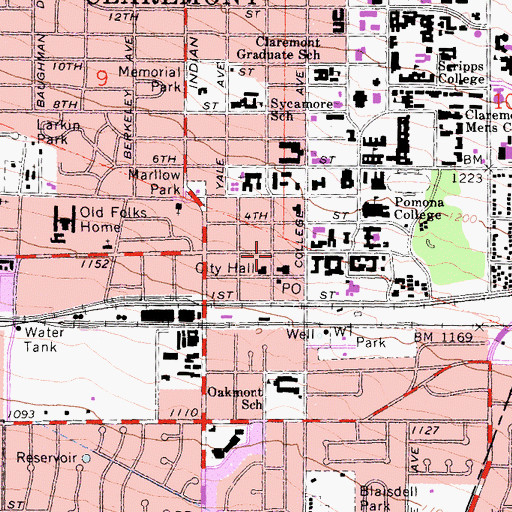 Topographic Map of Claremont Branch County of Los Angeles Public Library, CA