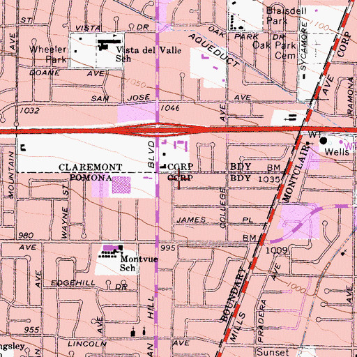 Topographic Map of Claremont City Hall, CA