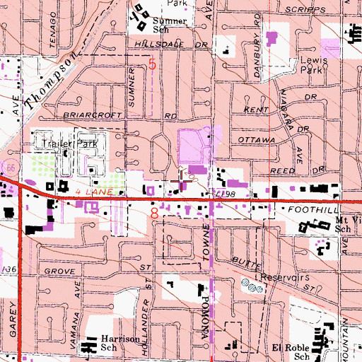 Topographic Map of Foothill and Towne Shopping Center, CA