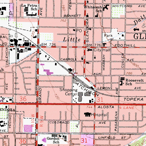 Topographic Map of Glendora Post Office, CA