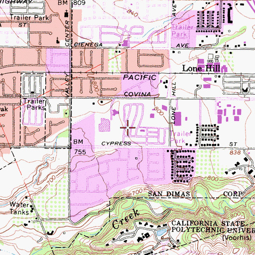 Topographic Map of Lone Hill Manor Mobile Home Park, CA