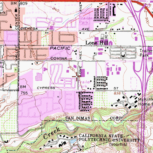 Topographic Map of Lone Hill Middle School, CA