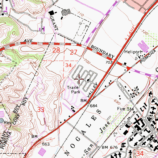Topographic Map of Pomona Islander Mobile Home Park, CA