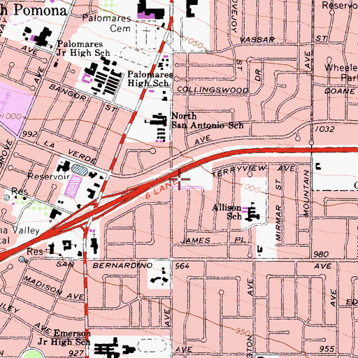 Topographic Map of Pomona Jaycees Community Park, CA