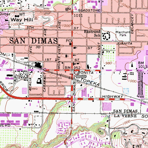 Topographic Map of Puddingstone Shopping Center, CA