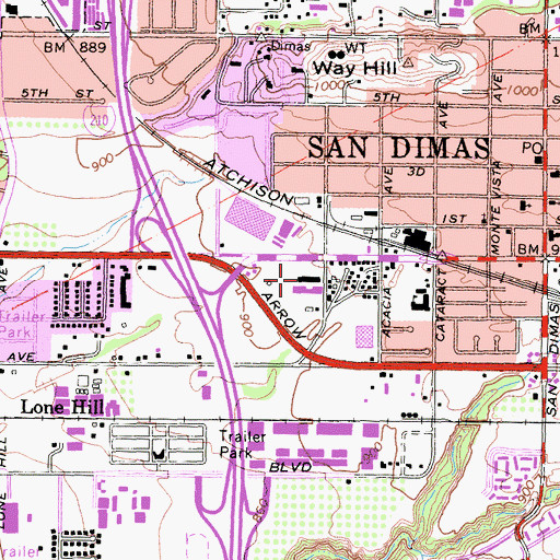 Topographic Map of San Dimas Station Shopping Center, CA
