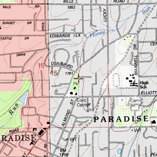 Topographic Map of Paradise Lutheran Church, CA