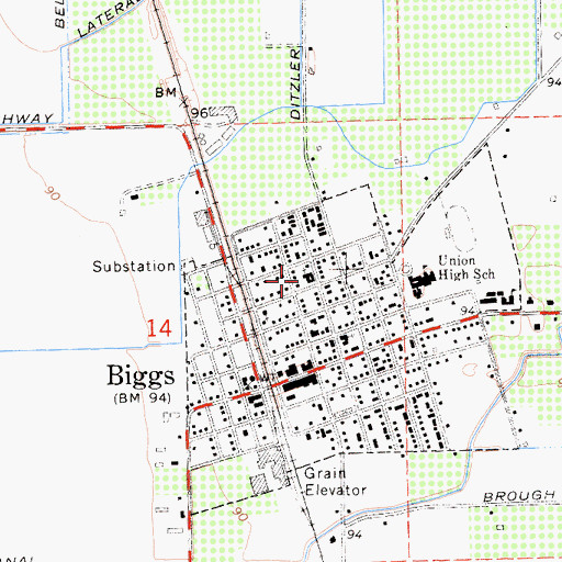 Topographic Map of Biggs Assembly of God Church, CA