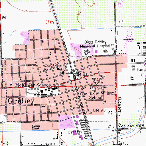 Topographic Map of Gridley Christian Church, CA