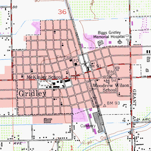Topographic Map of Gridley Post Office, CA