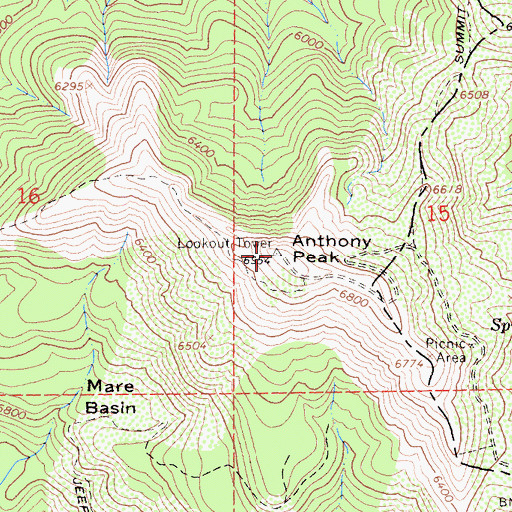 Topographic Map of Anthony Peak Lookout Tower, CA
