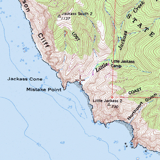 Topographic Map of Little Jackass Creek Camp, CA