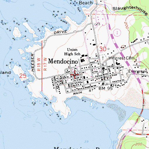 Topographic Map of Mendocino Baptist Church, CA
