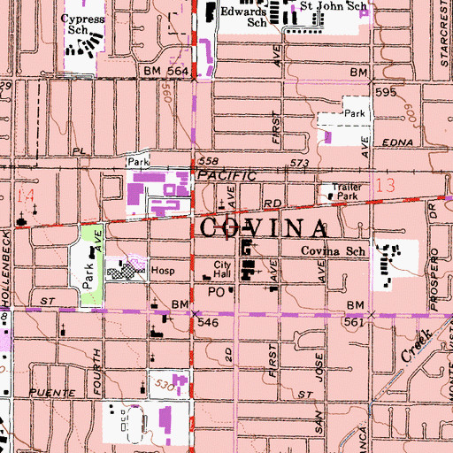 Topographic Map of Covina Assembly of God Church, CA