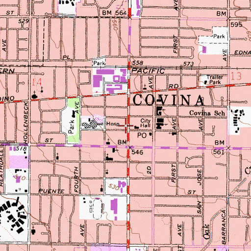 Topographic Map of Covina City Hall, CA