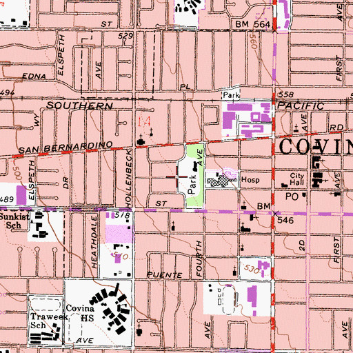 Topographic Map of Covina Park, CA
