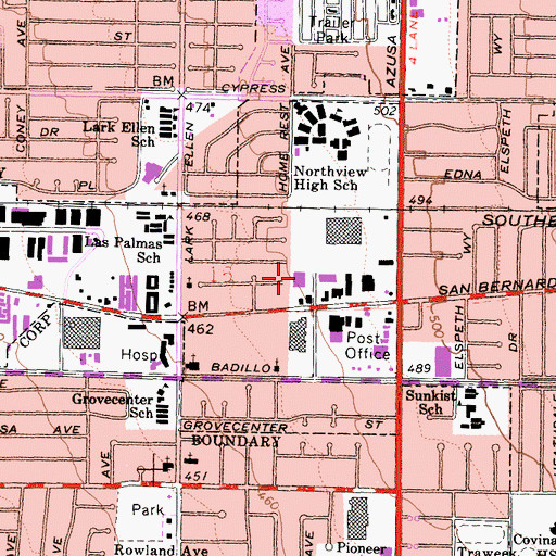 Topographic Map of Covina Post Office, CA